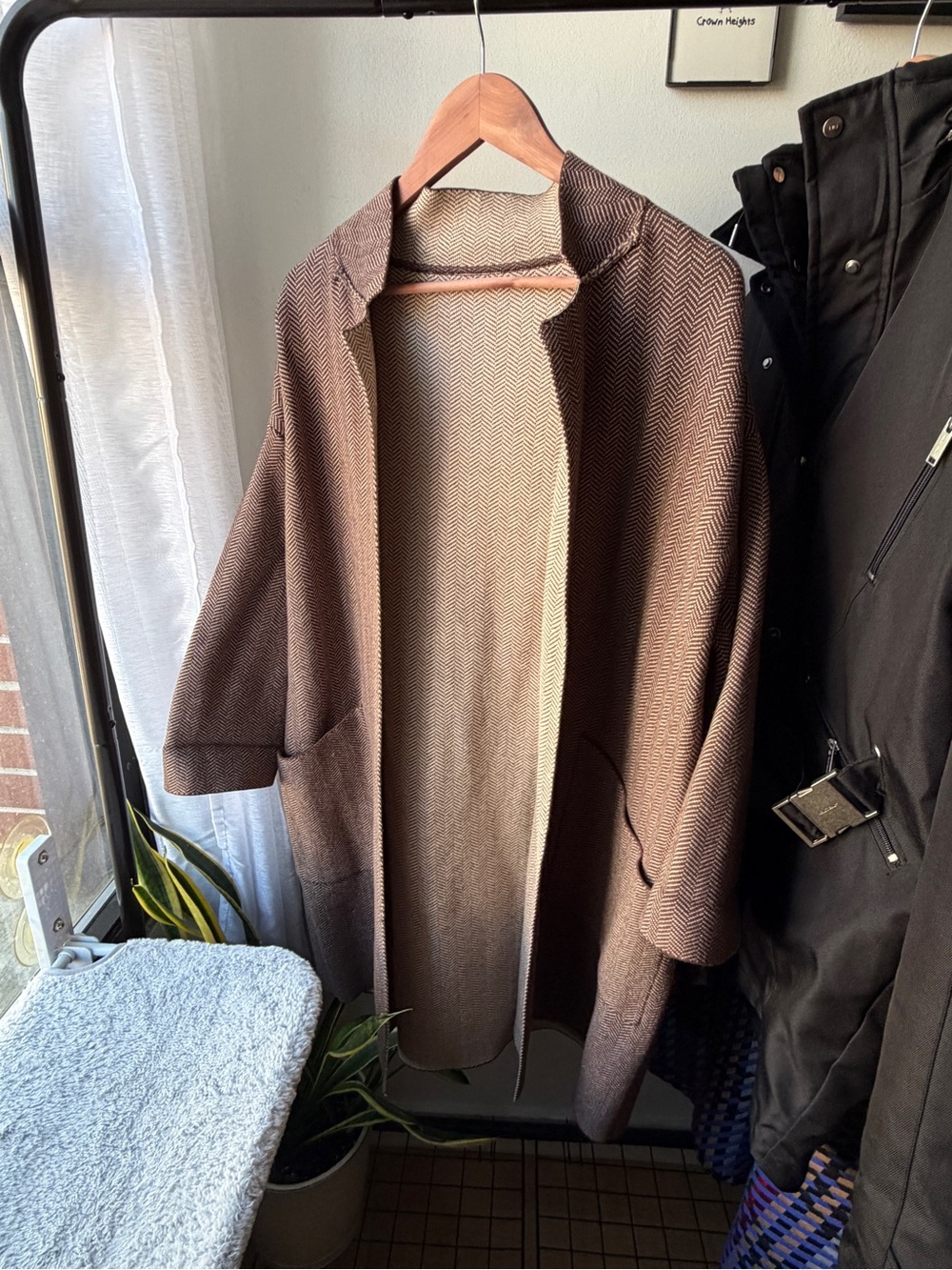 Brown Herringbone Open Front Coatigan